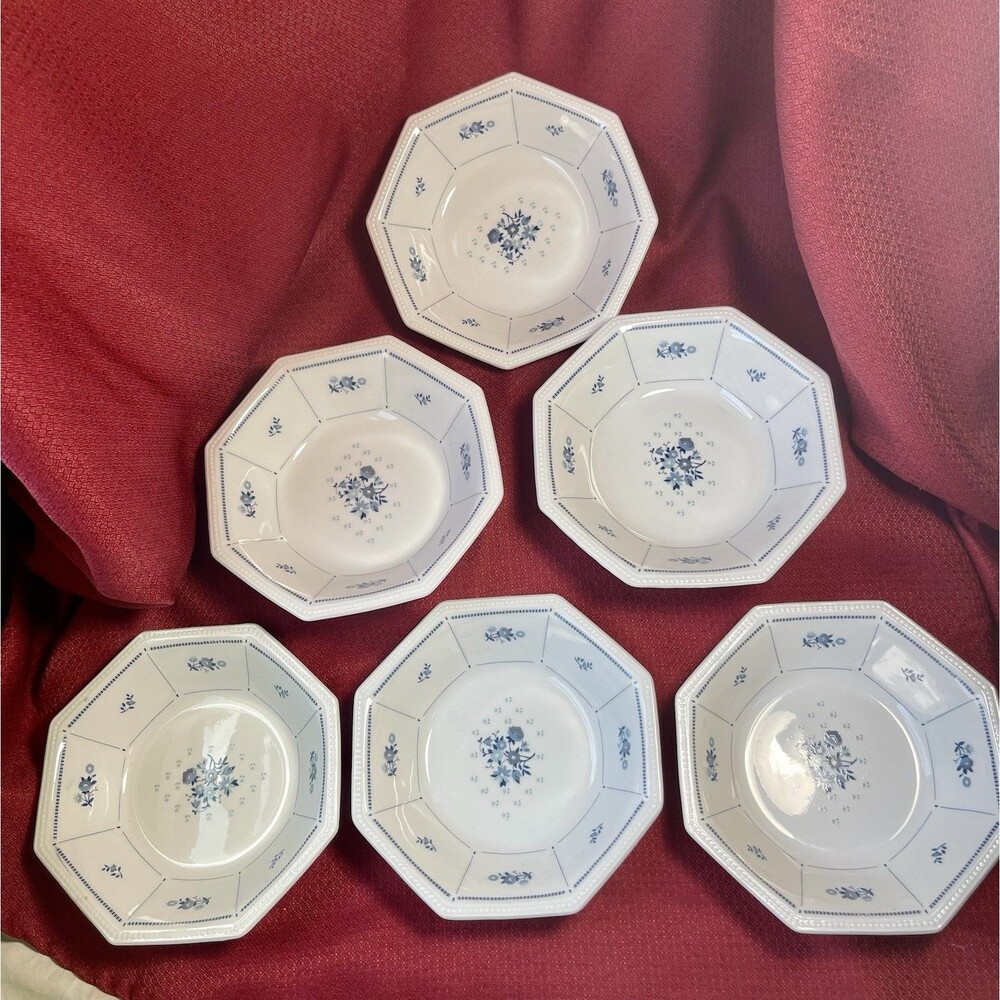 Fairfield Fine China Soup Bowl Set, 6-Piece White/Blue Floral Octagon 8"